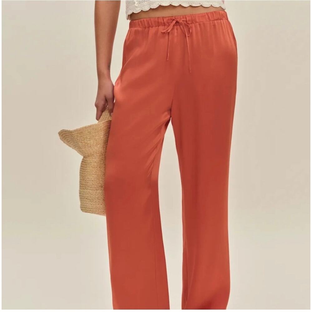 NWT Reformation Olina Silk Drawstring Pants in Red Coral